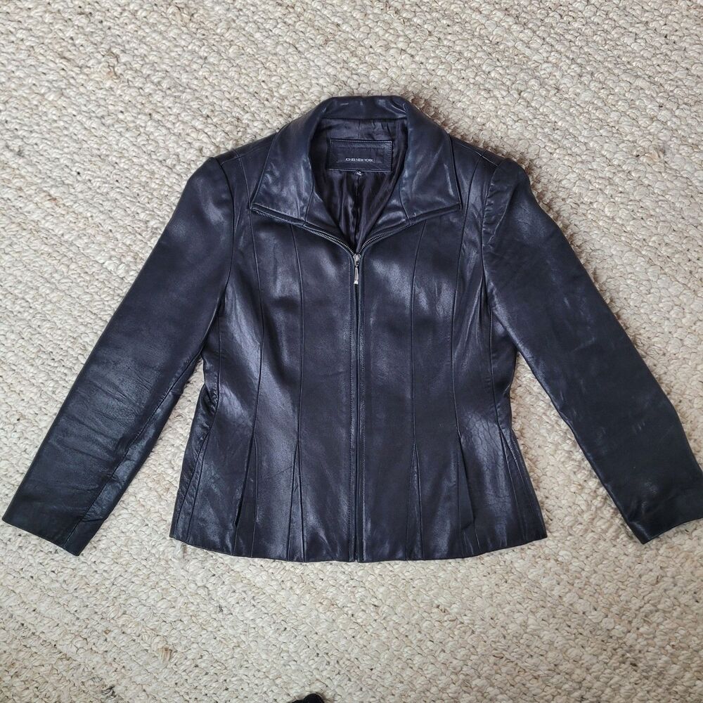 Jones New York Women Black 100% Leather Jacket Size Large